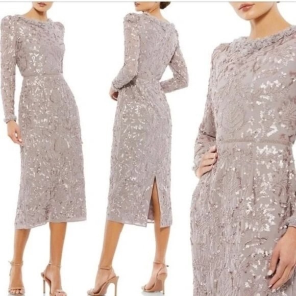 NWT Mac Duggal Ruffle Neck Long Sleeve Sequin Midi Mauve Dress Size 2